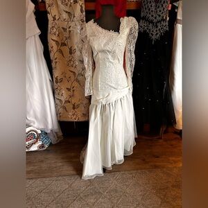 Ivory Lace Long Sleeve Bridal Gown with Draped Skirt